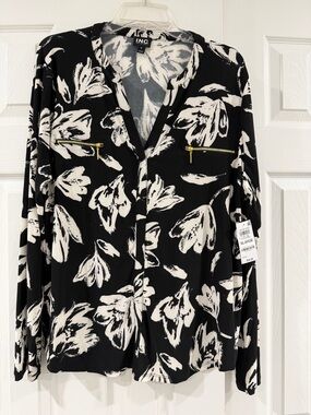 INC International Concepts Black & White Floral Zip-Pocket Button Down Shirt